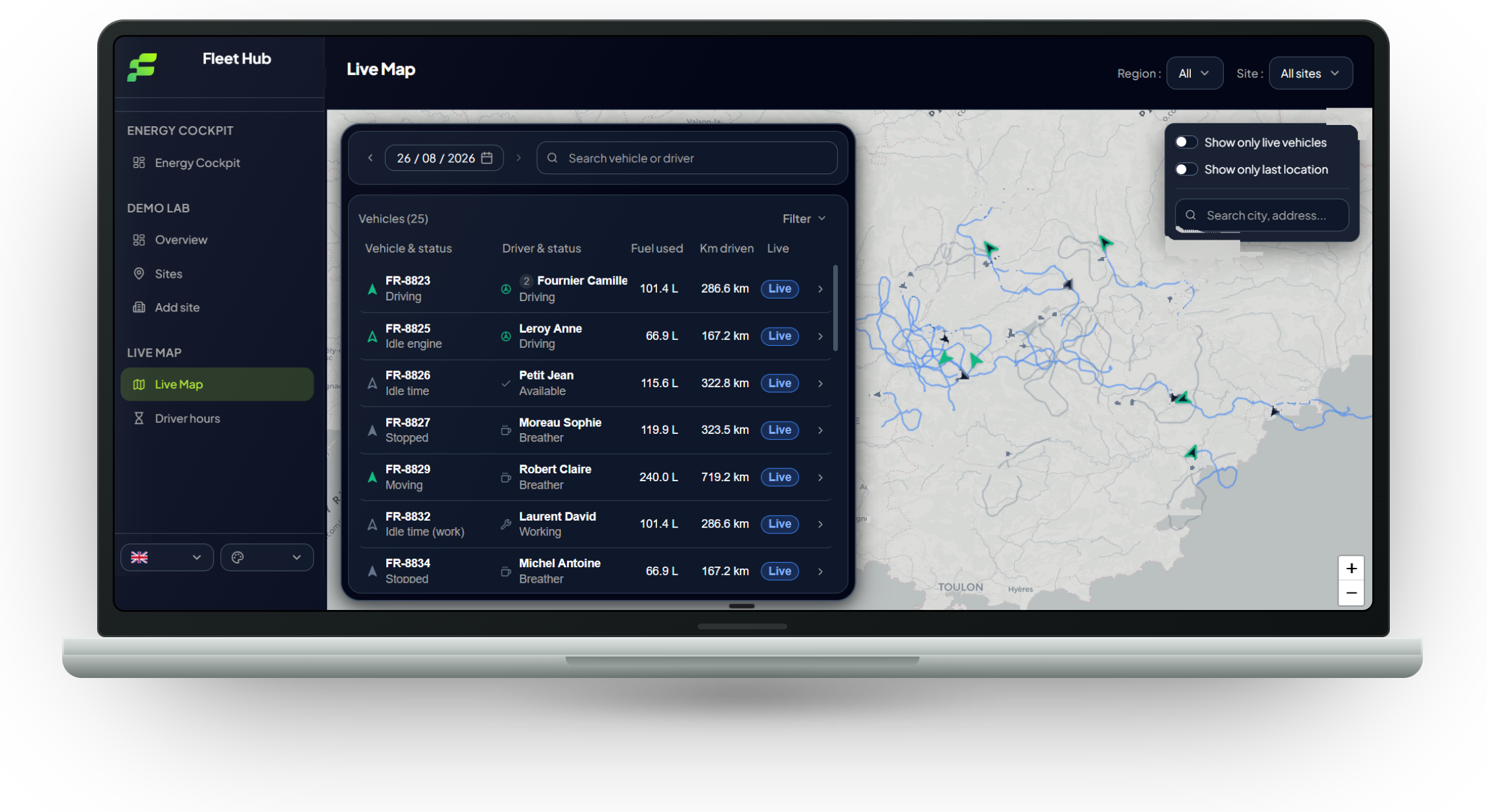 La plateforme Fleet Performance — Live Map de la flotte en temps réel.